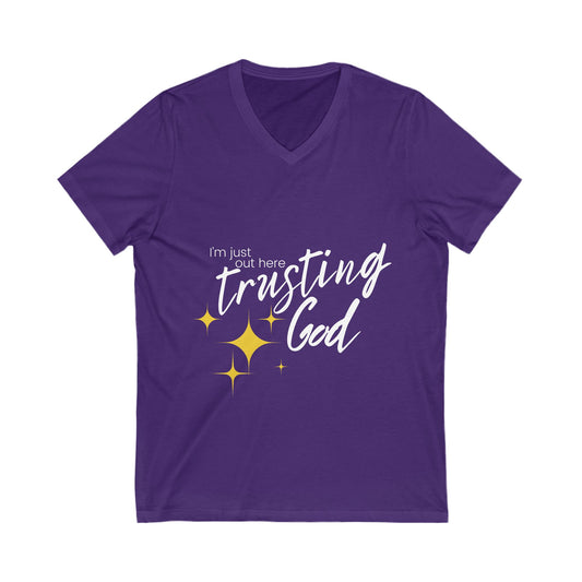 I'm Just Out Here Trusting God V-Neck Tee - Lightweight and Stylish