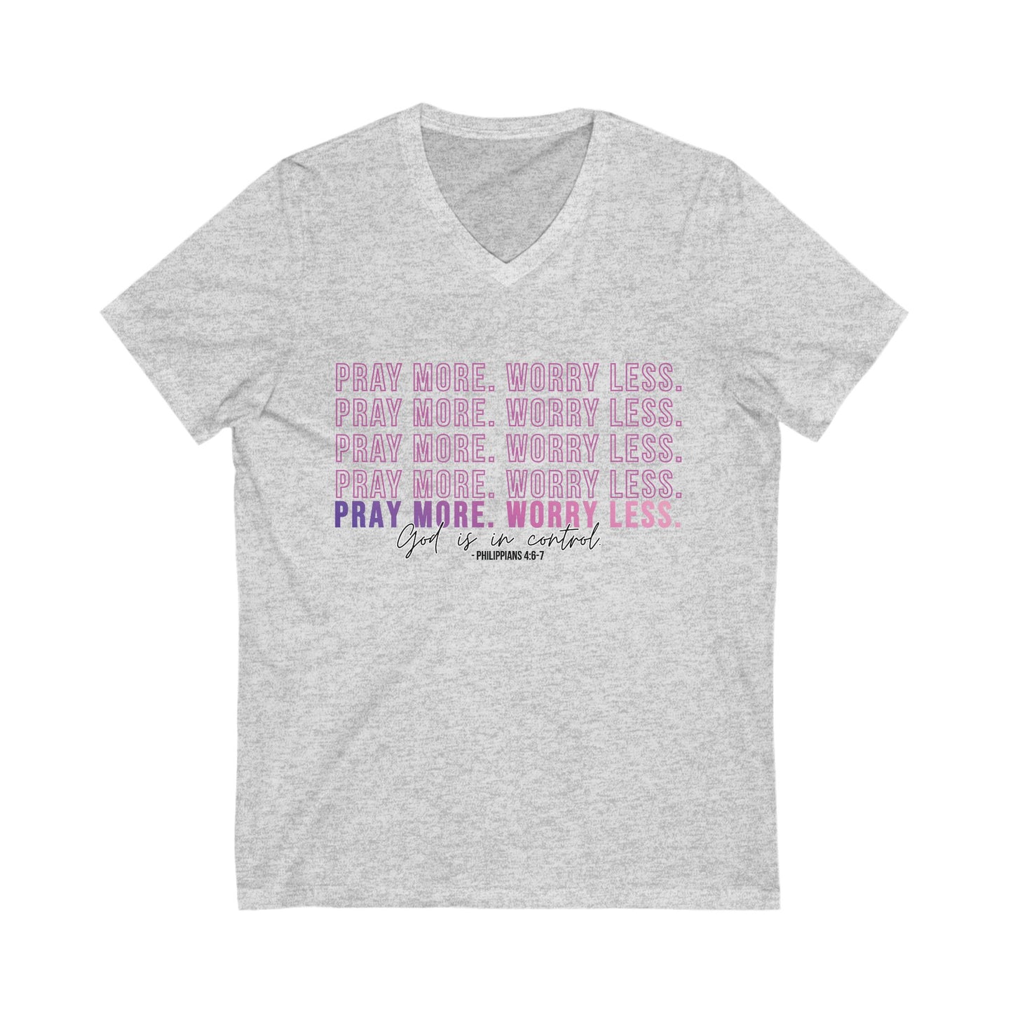 Pray More Worry Less V-Neck Tee, Inspirational T-Shirt, Relaxed Fit Top, Faith-Based Clothing, Everyday Wear, Gift for Women